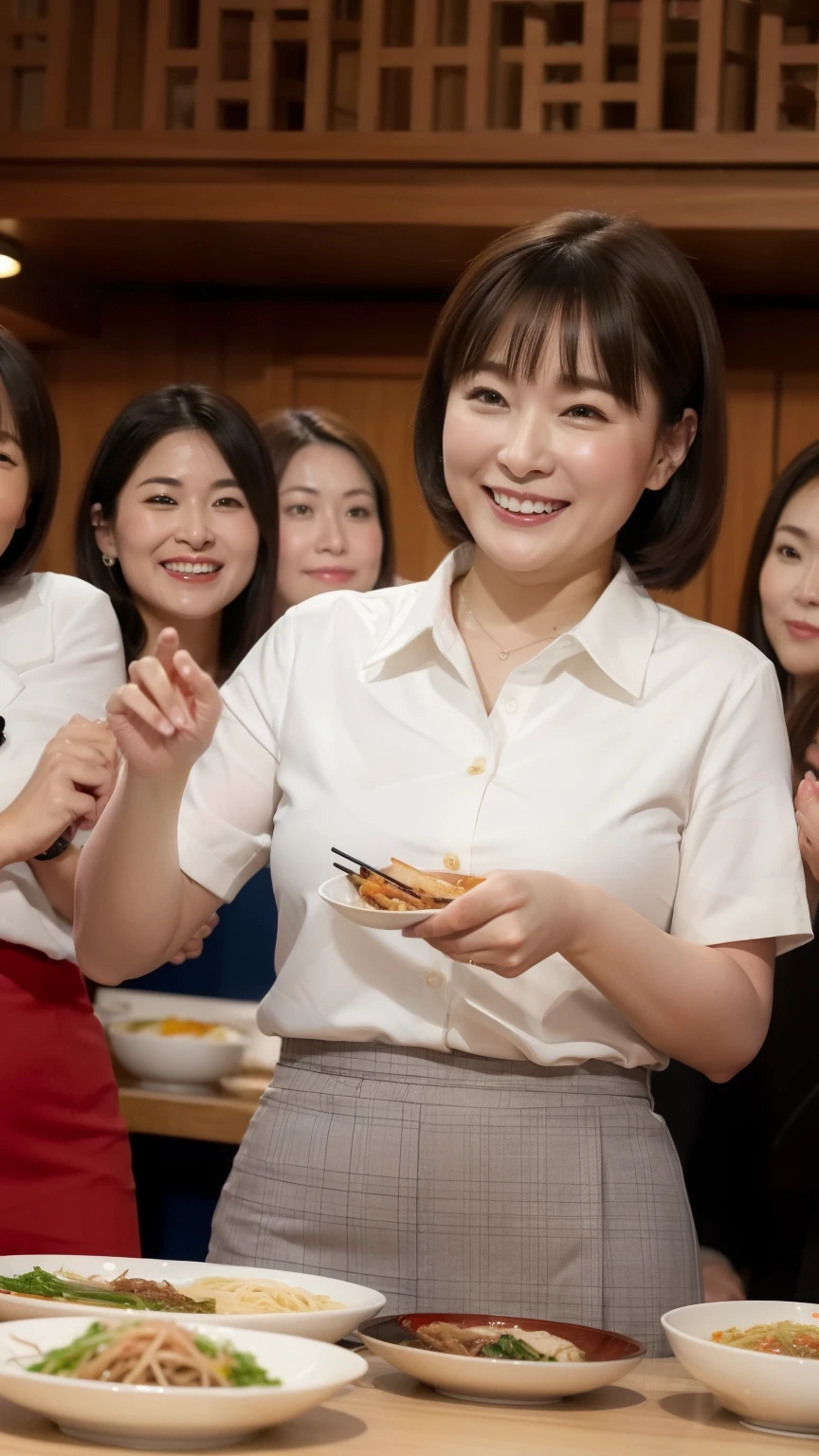 ((highest quality, 8k, Representative works in detail, Ultra-high resolution)), (Group photo), (Looking at the audience), (Mid Shot:), Four attractive businesswomen,  A little chubby:0.25, White collared shirt, Grey tight skirt, smile,,mini skirt、Chinese restaurant、A happy face、Eating ramen with chopsticks、Eating ramen with relish、
