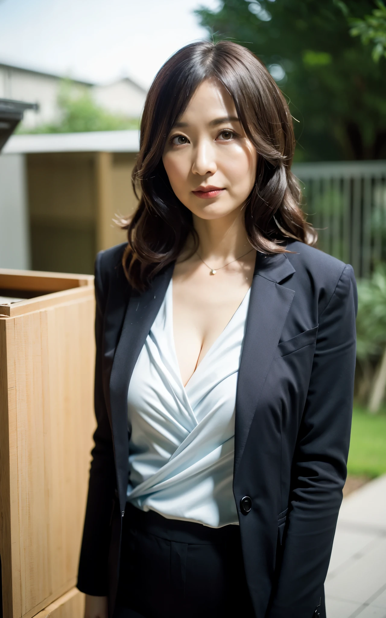 ((Best Quality, 8k, Masterpiece: 1.3)), ((face shot:0.5))Photorealistic, Sharp Focus, High Quality, High Definition, 1 Beautiful Japan Person, Business Suit, 43 Years Old, Plump, ((from below, from front)), (looking at viewer, stand with open legs, look down at viewer), big breasts, 47 Years Old, Plump, Wavy Hair, unfocused office, ((Nobody)), ((Raise Stained Panty:1)),