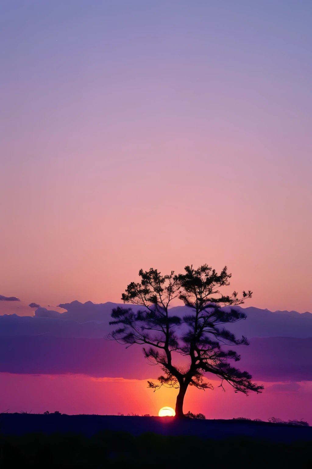 Silhouette of a tree at sunset. A peaceful silhouette of a single tree against a soothing sunset sky.。
Painted in vibrant yet muted purple and blue hues。
The image conveys peace and solitude.、It must fit the profile of a lo-fi music channel.。