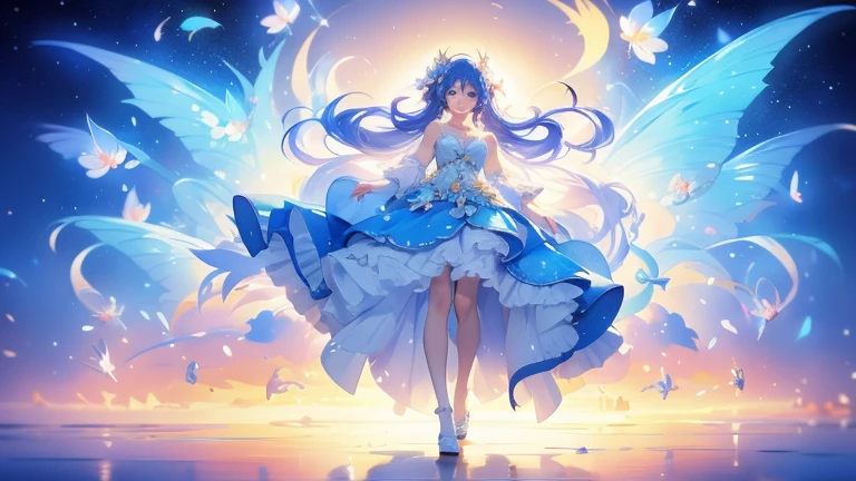 Anime girl in white and blue dress holding a cane and flowers, Cute anime waifu in a nice dress, change in dress, Magical Girl Portrait, Anime Moe Art Style, change, Full-body portrait of an elementalist, Anime Goddess, Run, Splash art anime , Alchemist Girl, Anime Princess, magical girl style, Official Art,Cleavage,White knee-highs,Large yellow ribbons on both sides of the skirt,Long and large sleeves
