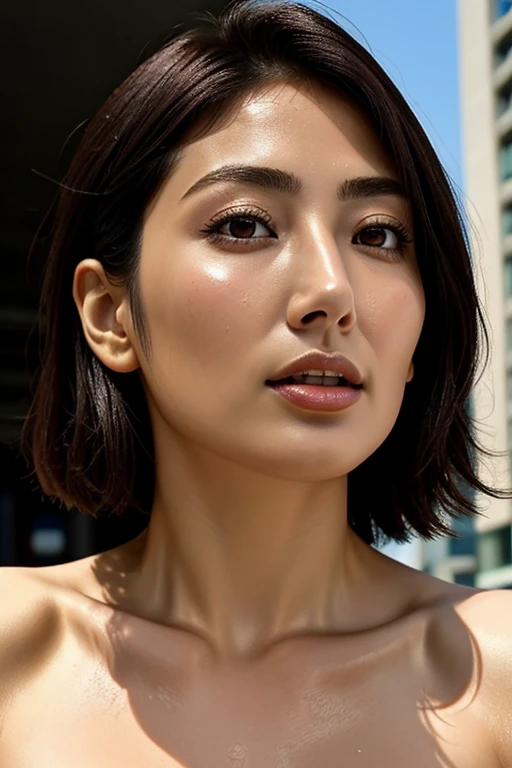 Beautiful Japanese actresses,1 girl,Flying debris,,Award-winning photo, Very detailed, Keep your eyes clearly focused, Nose and mouth,Face Focus, Extreme close up of face、 Age 35,Black Hair、Symmetrical face,Realistic nostrils、Angle from below、Elongated C-shaped nostrils NSFW,(Sharp Nose)Sweaty skin、Shiny skin,(Brow wrinkles))(Cum on tongue)、Deep Kiss、((Thin eyebrows))Oily skin、glistening shining skin、double eyelid、、Beautiful woman、Medium Hair,Rolling your eyes、Shortcuts、Summer cityscape、Off the shoulder、Suka can see the sky、Shibuya Center Street、