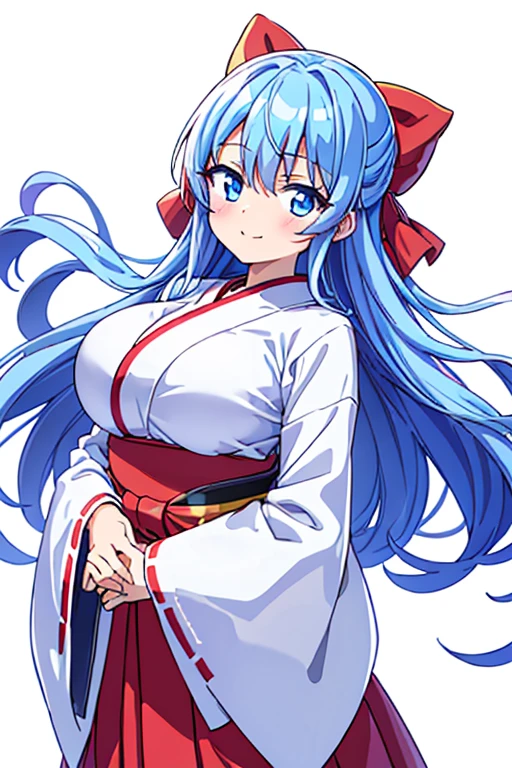 highest quality High resolution シンプルなShrine maiden服 Shrine maiden服 Adult female Anime style illustrations Shrine maiden cute Big Breasts smile scarlet hakama Bright Blue Eyes Hime cut One Woman Light blue hair semi-long Wide sleeves Long hem cute目 White Background Looking up
