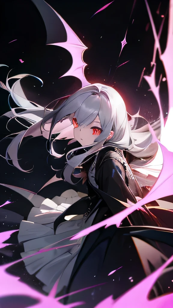 Girl Silver hair Burning eyes Bat wings Long hair Casual dress