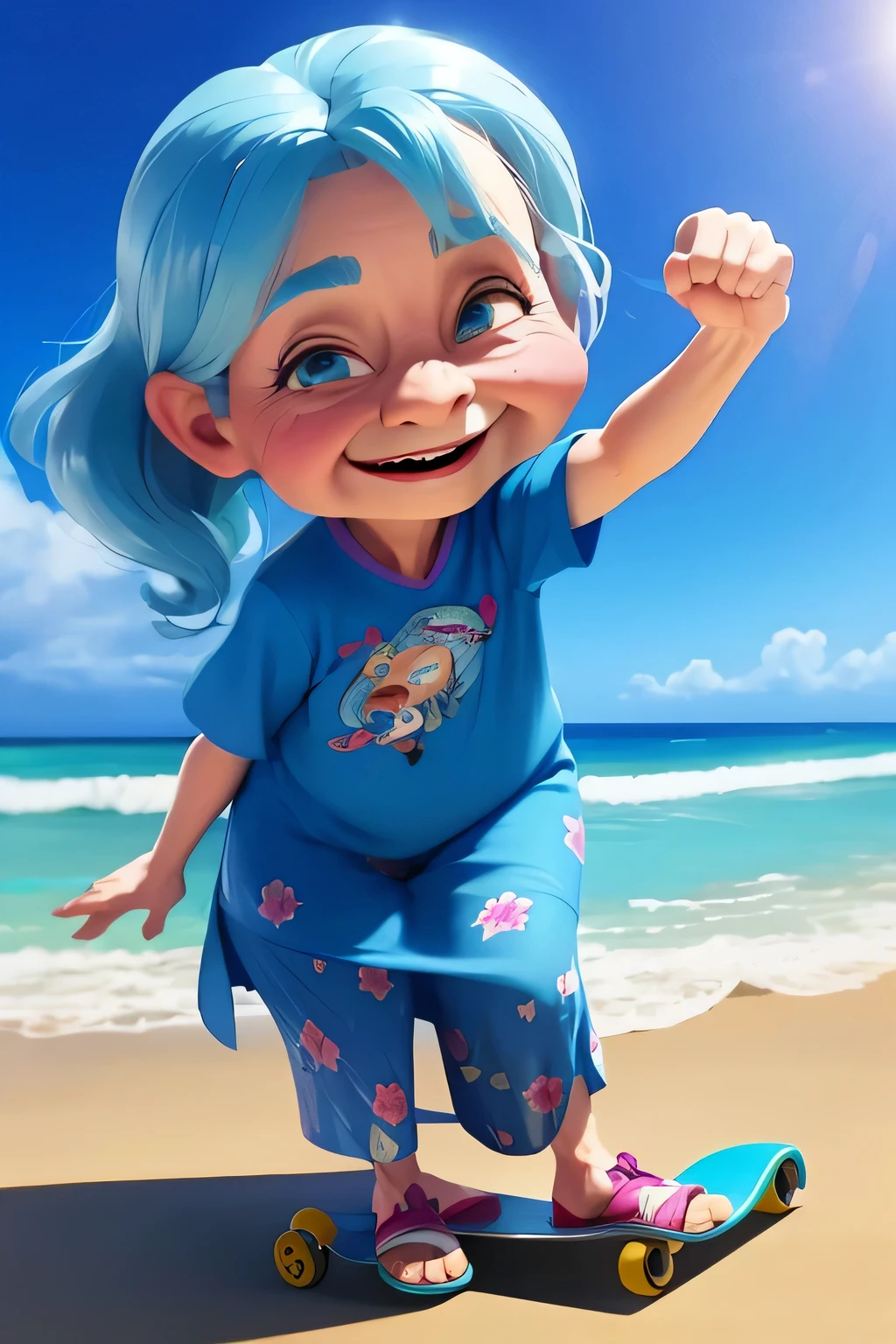 (old wrinkle cute hippy granny with flowing blue hair full body), [riding a professional skateboard, beach], old lady,pixar, cartoon,
