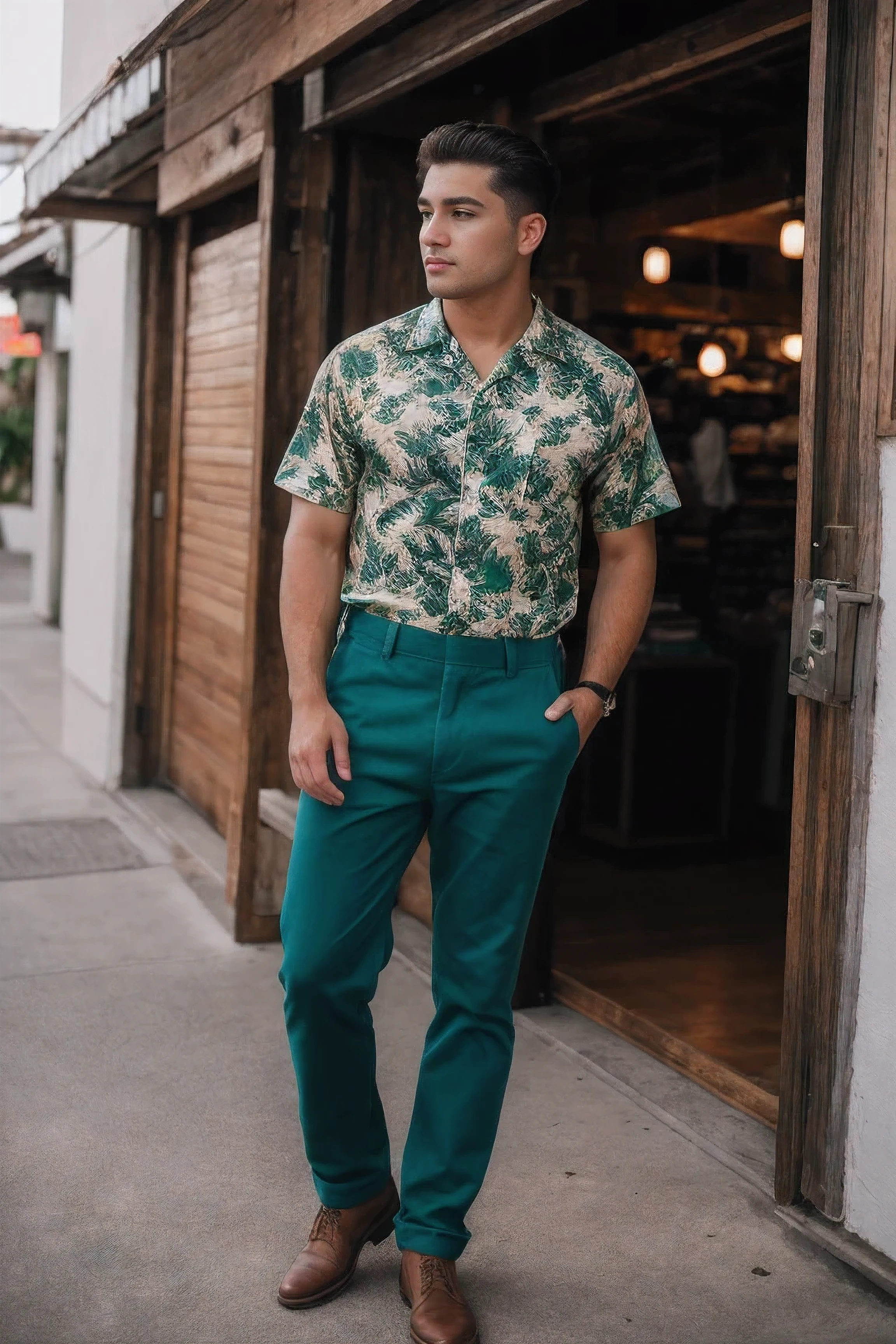 8k uh, DSLR, High quality , raw photos, Realistic photography , Full body, Fujifilm XT3, Canon R5, Handsome man , man, Hawaiian shirt and green overalls , inside second-hand clothing store