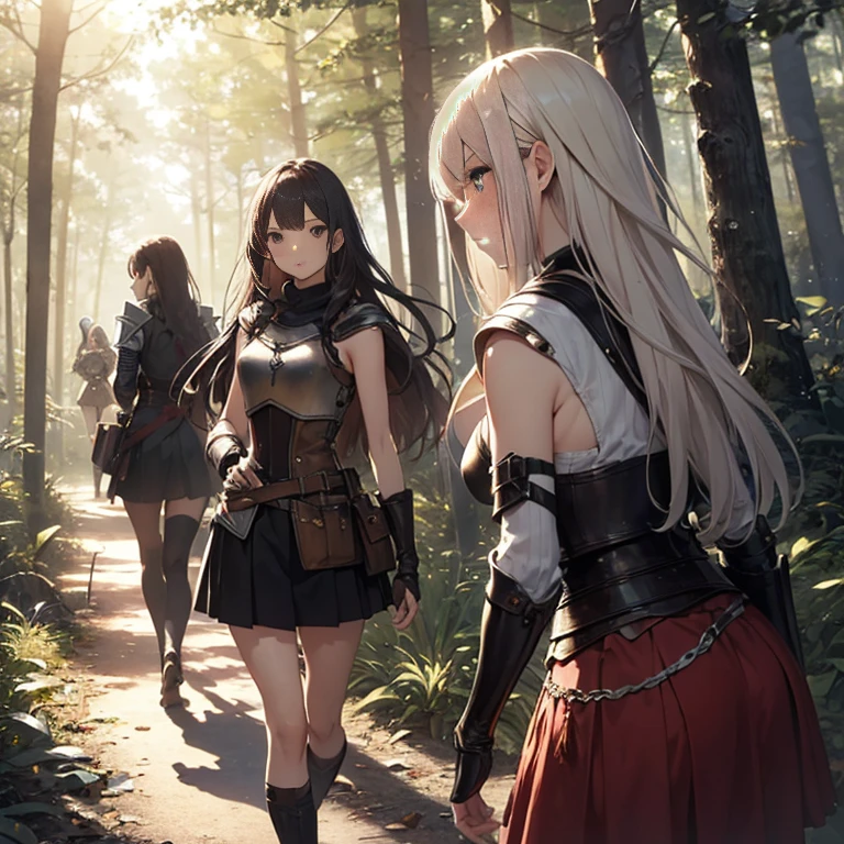 A group of female medieval fantasy adventurers, (in forest), various hair styles, harem, night, details face, short skirt, seducing, sleeveless, armor
