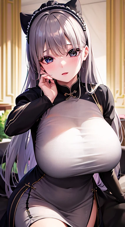 8k, highest quality, masterpiece:1.2, Super Detail, Gray Hair、 China dress、very, very big breasts、Very large breasts、Provocative clothing、No eye highlights、very大きなお尻、No underwear
