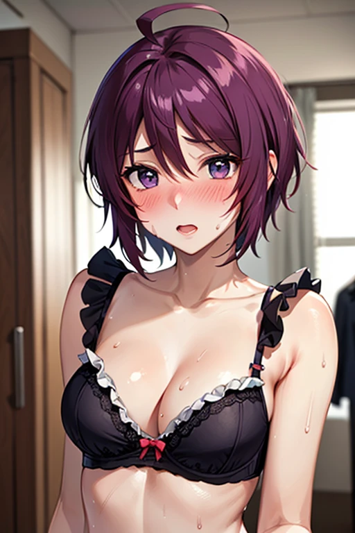 (8K、top-quality、​masterpiece:1.2)、(realisitic、ultra-detailliert、超A high resolution,beautifull detailed face,perfect body,perfect lighting,constriction,beautiful detailed skin,skin texture,(1girl),(((frilled bra,frilled panties,towl))),short hair, ahoge, red hair, purple eyes, purple hair,dressing room,sweat:1.2,full face blush:1.2,sexy