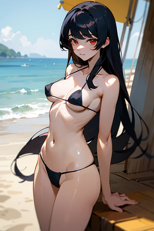 ((mejor calidad)), ((Obra maestra)), (detallado), cara perfecta, Joven de cabello largo y lacio, ojos rojos, pale skin, asian factions, 19 years, esbelta, busto mediano, bonitas curvas, estilo anime, elegante, only character in the image, red eyes, waiting for you, cute face, sexy,ack hair, sexy pos pretty, beach background, medium tits, microini, g-string, thong, cameltoe