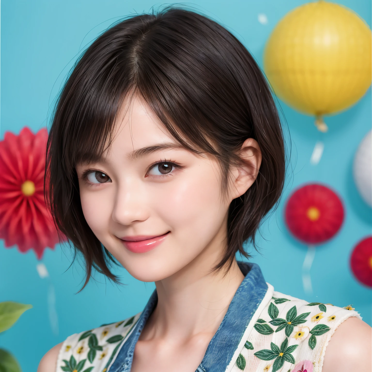 215 Short Hair, 20-year-old woman, A kind smile, Floral