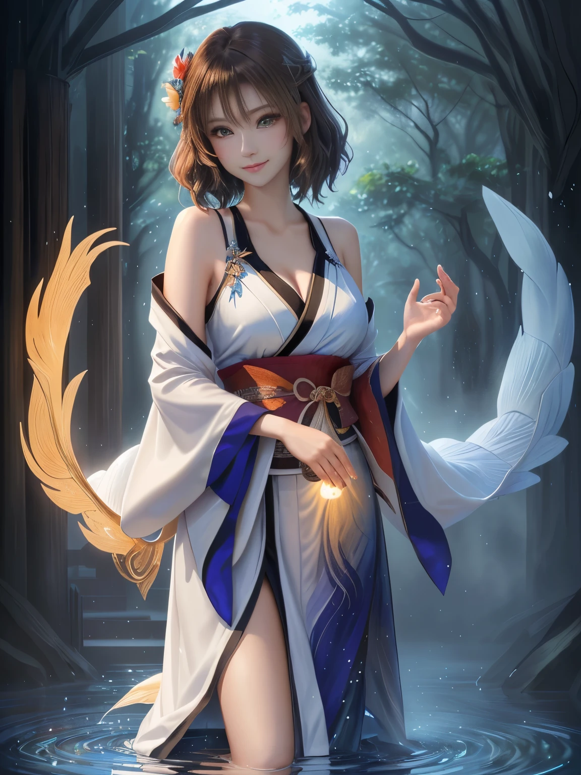 masterpiece , best quality,smile,smile,Small face,Exposed shoulders,Golden kimono,A little cleavage exposure,Double Eyes,Beauty,Beauty,beautiful girl,Stand firmly on both feet,Charm,Adult,lure,Big eyes,Light brown hair,Mysterious世界,Water God殿,,Water God,Water World,Mythical God,水色のMysterious雰囲気,Water sources surround the area,水色のMysterious背景,Gorgeously curled hair,Slim figure,Brown eyes,Faithfully reproduced contrast,Short Hair,Beautiful short hair,Berry Short,Short Hair,Just One,Precision quality,A faithful reproduction of the human eye,水色のMysterious雰囲気,水色のMysterious背景,Beautiful details, colorful, Subtle details, Delicate lips, Intricate details, Genuine, ultrarGenuineista, Mature, Wide-open eyes, raposa de Beautiful digital art,Shrine maiden,Exquisite digital illustration, mizutsune,Pixiv Digital Art, Shining Light, High Contrast, Mysterious,Take center,View your viewers