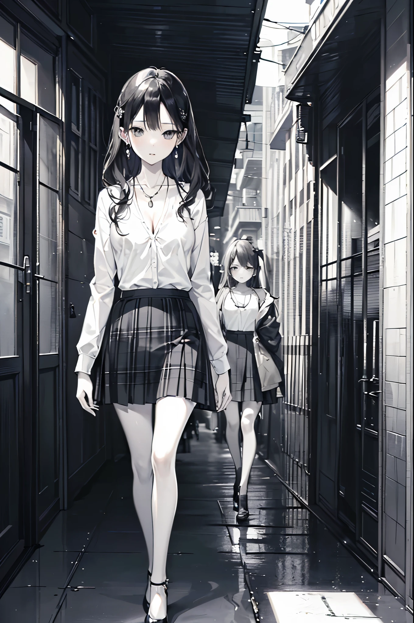((Biologically correct number of limbs))、(( Photo with face included))、4K、((Standing posture))、Masterpiece、((focus on the face))、((Symmetrical facial features))、Eyes with detailed description、Beautiful woman、Outstanding style、Beautiful clavicle、Beautiful legs、Beautiful Hands、Slender Body、(stockings、High heels）、Detailed depiction of faces、Small earrings、necklace、(Jacket、shirt、(Checked skirt))、profile、tie、Holiday theme park、(((White oak)))、Droopy eyes、Photographed from diagonally in front、(((Black and White)))、(((Pencil Illustration)))、
