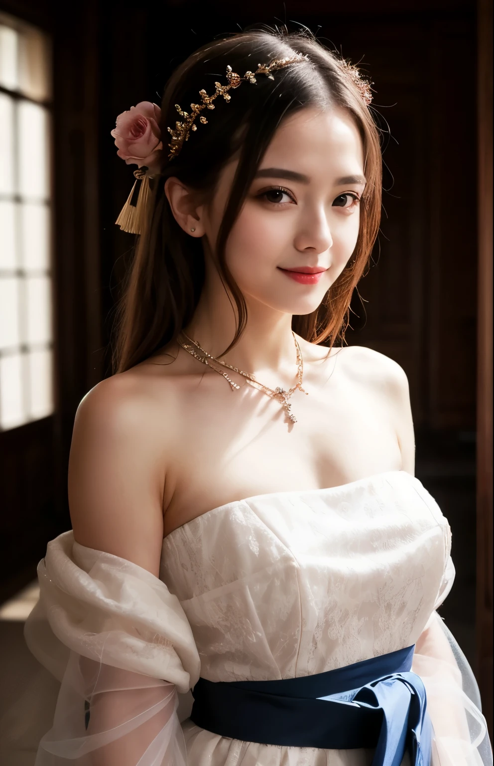 Great quality, masterpiece, High Resolutiupon, One girl, blush, (Captivating smile: 0.8), Star Eyes, chinese hanfu, hair accessory, necklace, jewelry, beauty, upon_body, Tyndall effect, realism, Shadow Room, Light Edge, Two-tupone Lighting, (Skin with attention to detail: 1.2), 8k UHD, SLR, Soft Light, high quality, Volumetric lighting, snapshot, High Resolutiupon, 4K, 8k, Background Blur, Light tulle,