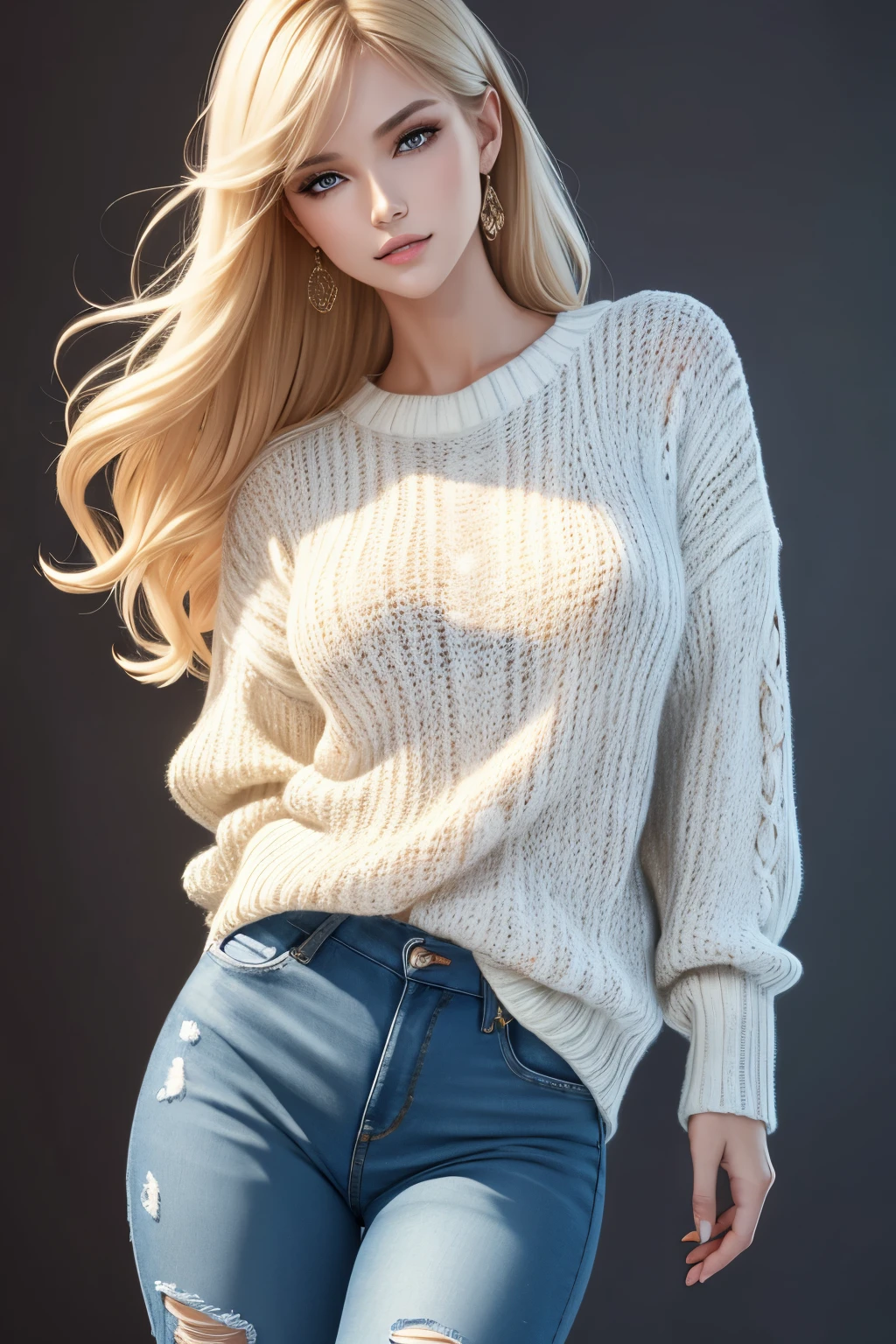 best quality, super fine, 16k, incredibly absurdres, extremely detailed, delicate, flashy and dynamic depiction, beautiful white woman, excited look, superlative body proportion, wearing loose knit sweater and tattered jeans, portrait, background simple color