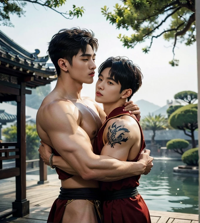 2 Handsome chinese guy kissing, smilling at each other, haft naked , show the abs, 20 years old,hug, cuddle, touching lips, skin ship, romantic, Asian, chinese hansome actor, kpop idol, handsome male model,manly, master work, best picture quality, higher quality, high detail, super high resolution, 8k resolution, perfect clear light,perfect eyes, perfect skin, manly jawline, manly chin, perfect hands, big chest muscles, bare chest, big juicy butts, tattoos chest, tattoo hands, tattoo legs, tattoo back, tattoo arms,earings, ancient pendents, braceles, glowing eyes, short hair, hair details, detailed background , open Hanfu transparent (see throught), super sexy loincloth, detailed perfect abs, Chinese garden background, Chinese kung fu, dragon-themed costumes, monk robes, spinning floating particles, chinese temple in background,