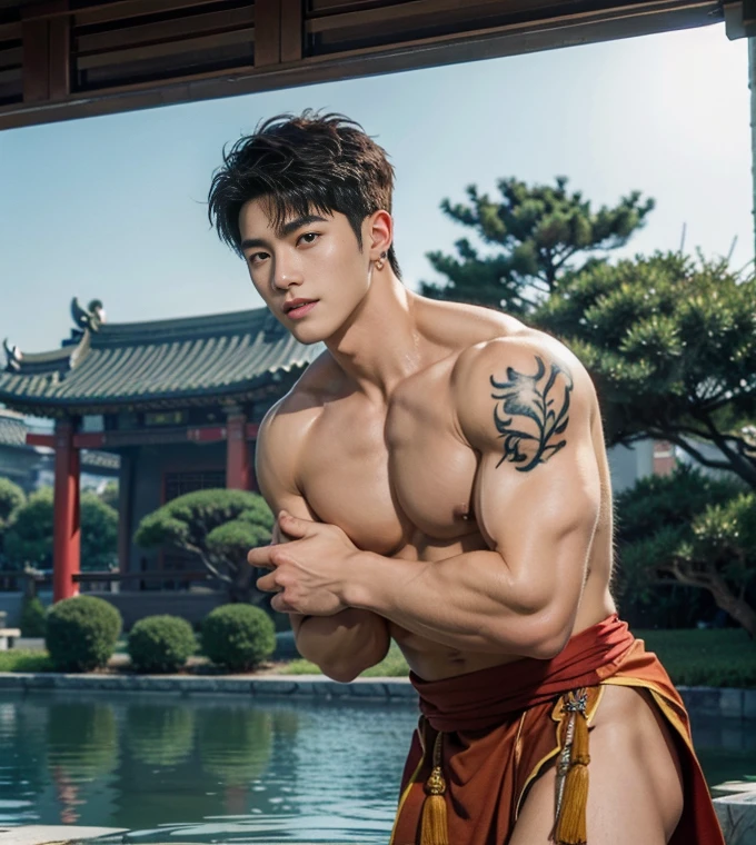 2 Handsome chinese guy kissing, smilling at each other, haft naked , show the abs, 20 years old,hug, cuddle, touching lips, skin ship, romantic, Asian, chinese hansome actor, kpop idol, handsome male model,manly, master work, best picture quality, higher quality, high detail, super high resolution, 8k resolution, perfect clear light,perfect eyes, perfect skin, manly jawline, manly chin, perfect hands, big chest muscles, bare chest, big juicy butts, tattoos chest, tattoo hands, tattoo legs, tattoo back, tattoo arms,earings, ancient pendents, braceles, glowing eyes, short hair, hair details, detailed background , open Hanfu transparent (see throught), super sexy loincloth, detailed perfect abs, Chinese garden background, Chinese kung fu, dragon-themed costumes, monk robes, spinning floating particles, chinese temple in background,