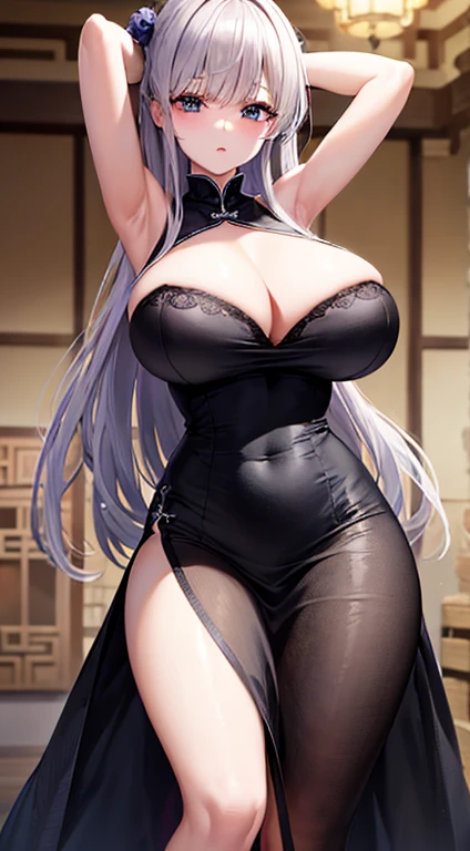 8k, highest quality, masterpiece:1.2, Super Detail, Gray Hair、 China dress、very, very big breasts、Very large breasts、Provocative clothing、No eye highlights、very大きなお尻、No underwear