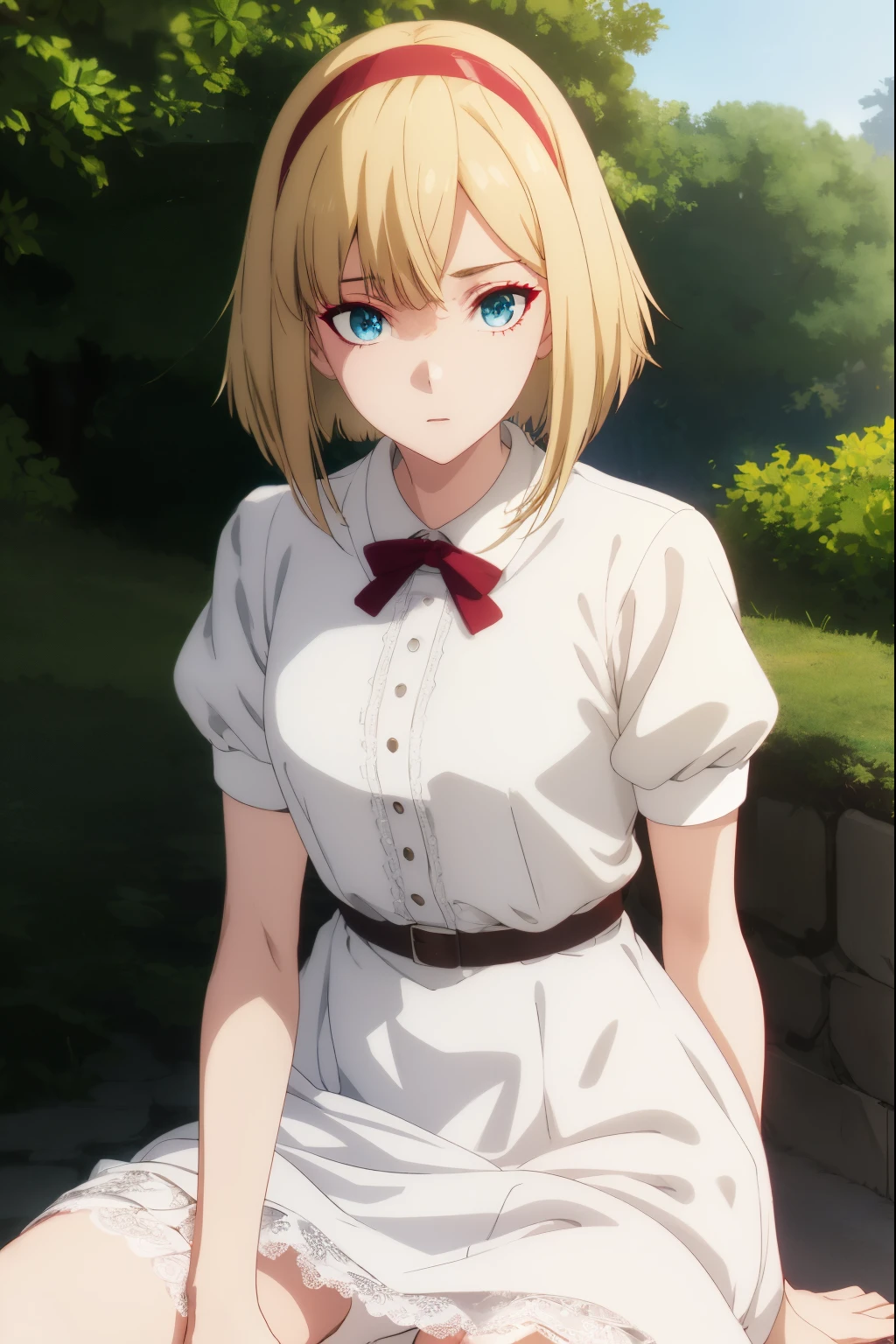 Sitting,Nsfw,upskirt,taktopdestiny, destiny, short hair, bangs, blue eyes, Blonde, hair band, Medium Hair, red hair band,
break dress, Short sleeve, Puffy sleeves, belt, White Dress, puffy Short sleeve, Collared dress,
break outdoors,(((skirt lift,realistic white lace panties))),
break looking at viewer, ,masterpiece ,8k unity wallpaper,anime key visual,highest quality, High resolution, unity 8k wallpaper, (shape:0.8), highly detailed face,highly detailed eye,glowing eyes , shiny skin,fine skin,white skin,dense skin,detailed hair,highly detailed legs,perfect lighting, Detailed CG, (perfect hands, perfect anatomy),High resolution,(Detailed wear ),slender limbs, delicate curves, dainty hands,figure:0.8,