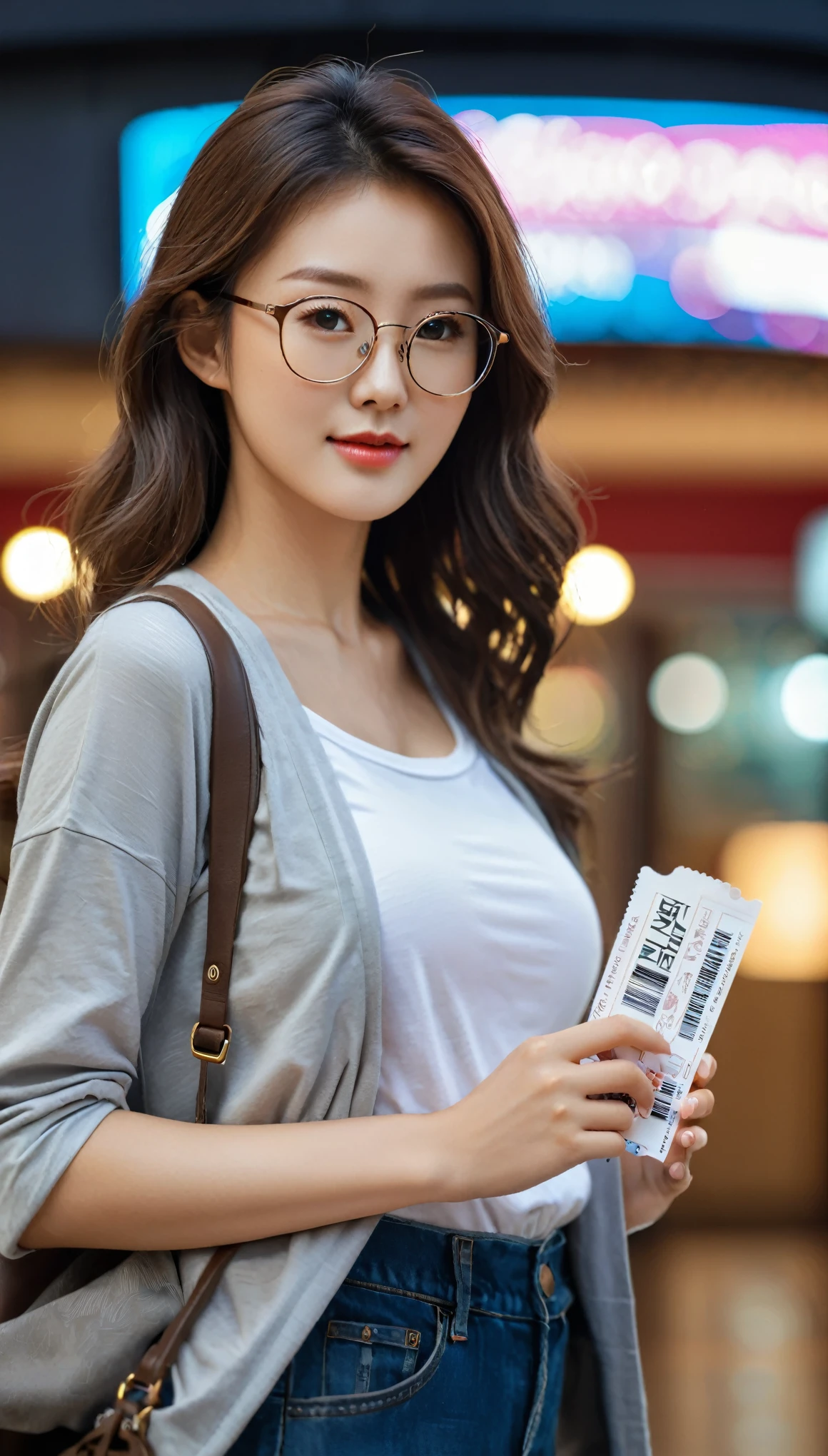 close-up of beautiful korean female, 34 inch breasts size, wearing rolled sleeves t-shirt, glasses, holding movie ticket, at the cinema entrance, bokeh background, UHD 