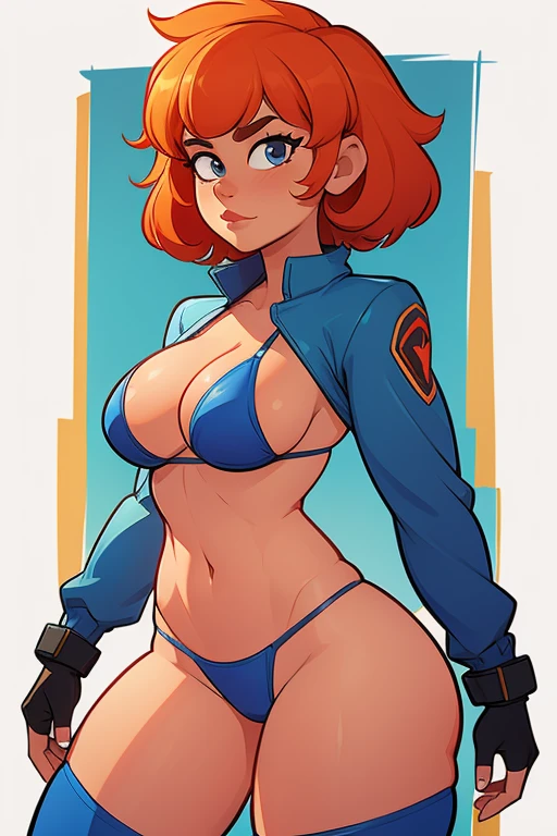 Annie Hughes, sexy build, features, tight bikini, standing at attention, looking at camera, simple plain background, character design focus