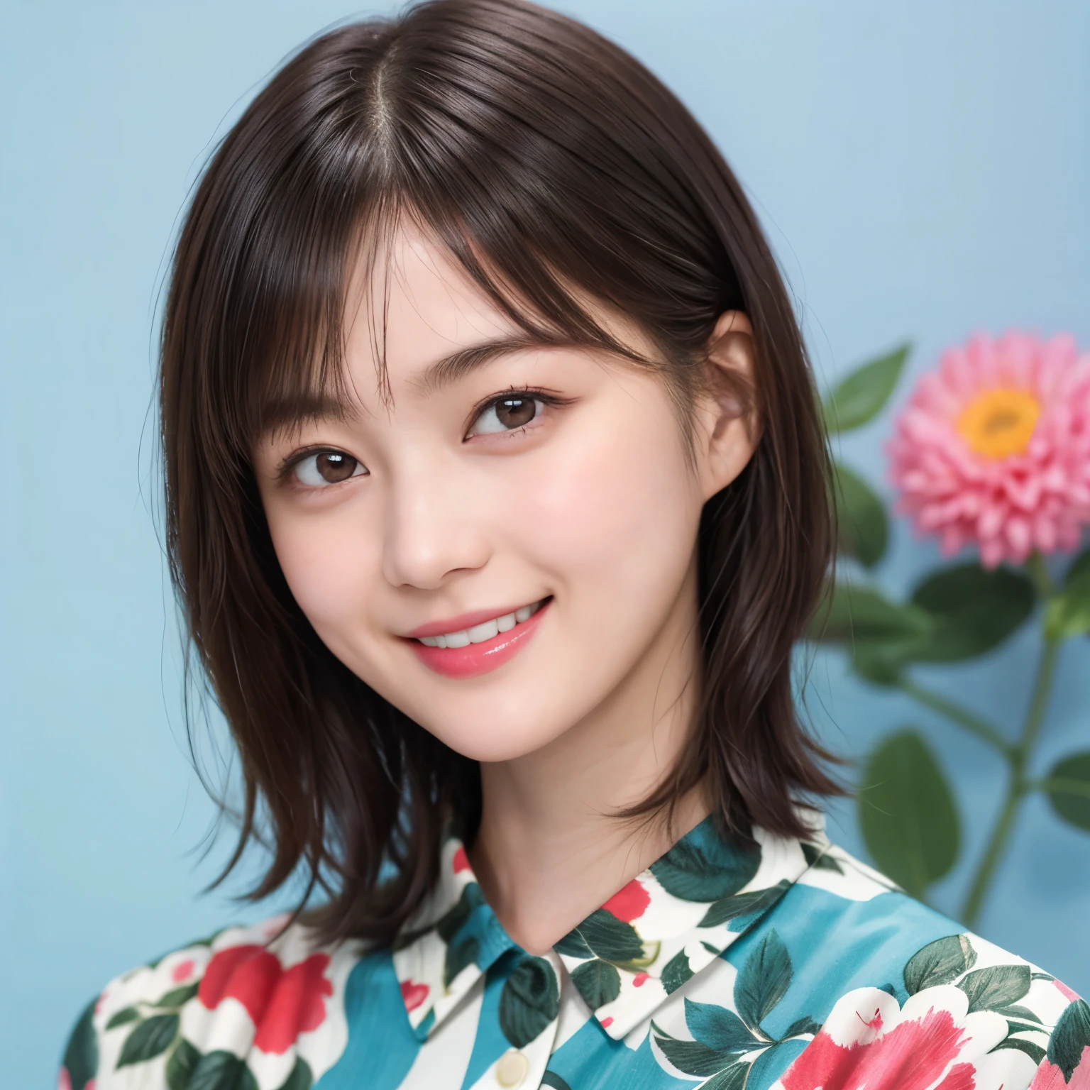 215 Short Hair, 20-year-old woman, A kind smile, Floral
