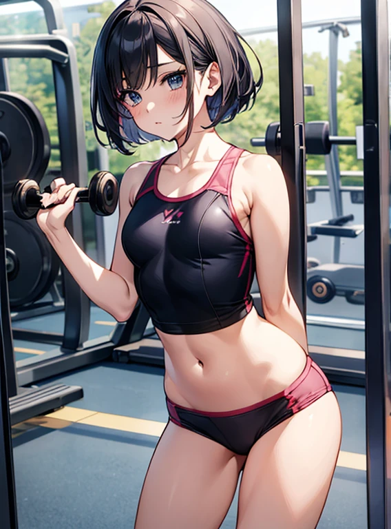 Small breasts、Beautiful and attractive anime woman, Enchanting anime girl, Top rated on pixiv、Gym、Short Bob、spats、Gymで筋トレをする、Exercise outfit