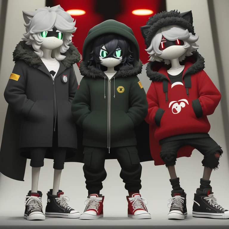 a short, sleep-deprived male with long fluffy jet-black pelvic-length bush-like hair, one green eye and one blue eye, heterozygous, large carnivorous teeth, a golden tooth, and wearing black cargo pants and a black and red hoodie, with a black Arctic overcoat with a big bushy white fur hood red and white converse sneakers, a red socks.