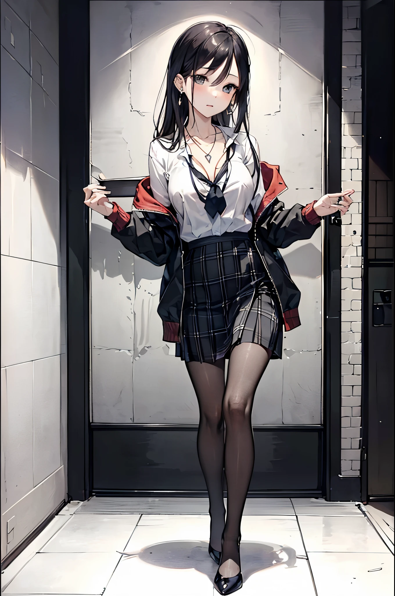 ((Biologically correct number of limbs))、(( Photo with face included))、4K、((Standing posture))、Masterpiece、((focus on the face))、((Symmetrical facial features))、Eyes with detailed description、Beautiful woman、Outstanding style、Beautiful clavicle、Beautiful legs、Beautiful Hands、Slender Body、(stockings、High heels)、Detailed depiction of faces、Small earrings、necklace、(Jacket、shirt、(Checked skirt))、profile、tie、Holiday theme park、(((White oak)))、Droopy eyes、Photographed from diagonally in front、(((Black and White)))、(((Pencil Illustration)))、