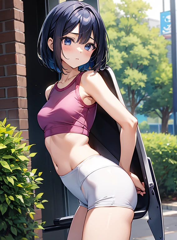 Small breasts、Beautiful and attractive anime woman, Enchanting anime girl, Top rated on pixiv、Gym、Short Bob、spats、Gymで筋トレをする、Exercise clothes