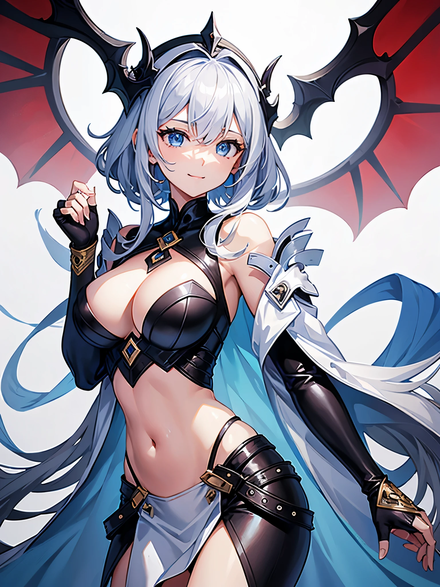 ((highest quality)), ((masterpiece)), (detailed), Perfect Face,(sexy),Totally beautiful,Dragon Wing,Silver God&#39;s Hair,up,Light blue eyes,Large Breasts,Short Hair,smile