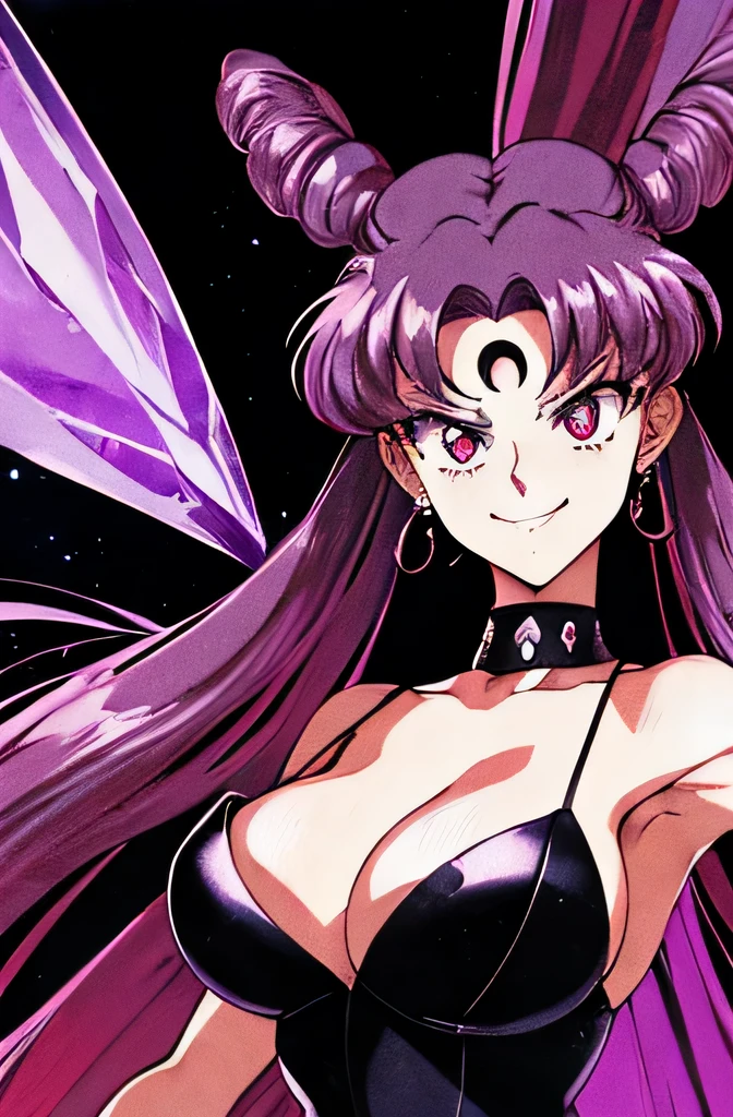 ((masterpiece,best quality)), absurdres,
Black_Lady_Sailor_Moon,
solo, smiling, looking at viewer, cowboy shot,
cinematic composition, dynamic pose,evil smile,evil smirk,(masterpiece:1.0),(Highest_quality:1.0), 超High resolution,4k,Super detailed, photo shoot, 8K, HDR, High resolution,EPTakeuchiNaokoStyle, 1990s \(style\), anime screencap, retro artstyle, anime coloring, traditional media,face focus,dark aura,black darkness,black mist,black mog,latex,huge amethyst crystal,offical art,