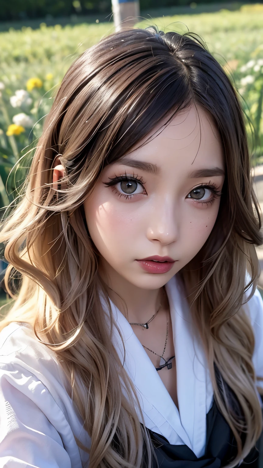 Realistic, masterpiece, highest quality, Highest Resolution, one Japanese high school girl, 16 years old, Upper body photo, Looks sleepy, absentminded, Mouth open, Beautiful and detailed eye drawing, (droopy eyes:1.3), Dark Eyes, Thin eyebrows, Carefully draw eyelashes, Eyelash extensions, Gal Makeup, Orange teak,  (White brown wavy hair with white mesh, long hair, middle part:1.3), (hidden creased eyelids:1.3), (Gothic school uniform:1.2), (The subject was photographed from above at an angle:1.3), (Flower Field:1.3), (Close up on face, Standing up and trying to grab the audience:1.5)