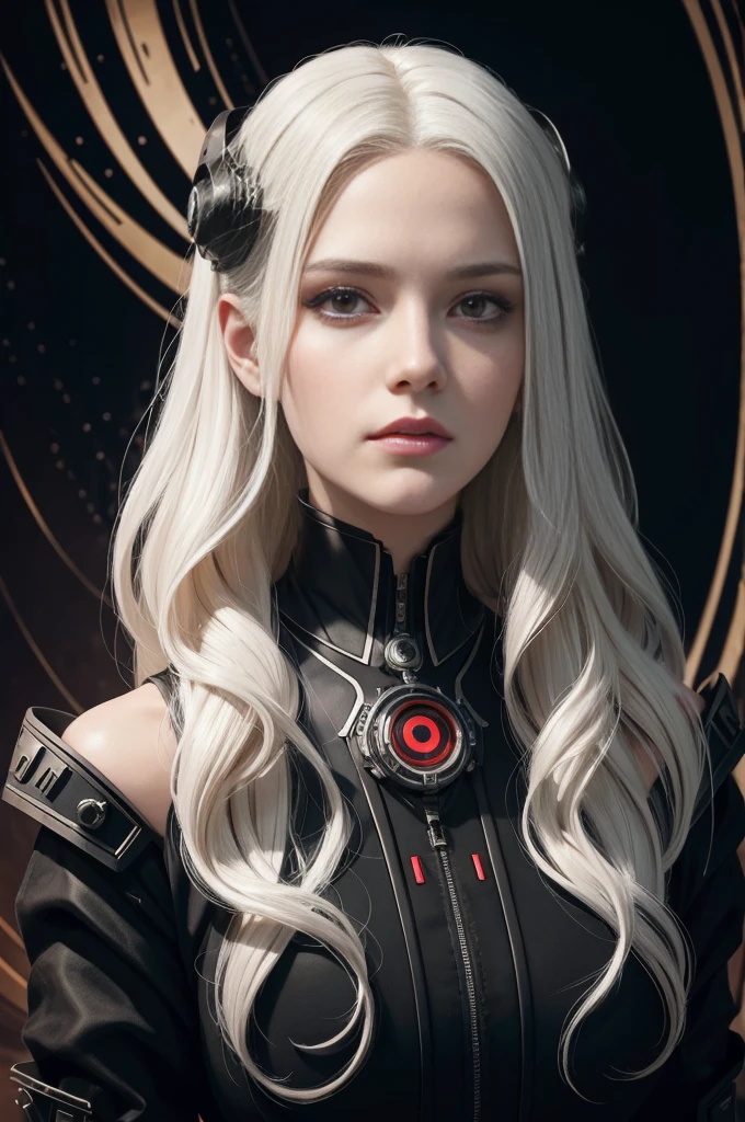 Portrait of a beautiful girl with wavy white hair, wearing a formal black dress with metal parts, red eyes, monograms in the background, digital painting, dark colors, 8k, complex details, vintage, retro futuristic style, sharp focus on the center, pastel colors, art station, (sci-fi, future, future theme), (facial expression looking with disdain), (detailed illustration)