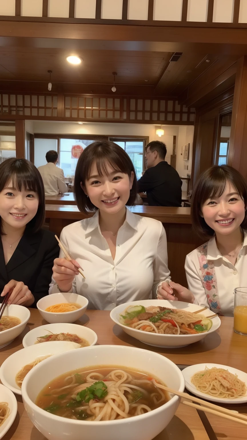 ((highest quality, 8k, Representative works in detail, Ultra-high resolution)), (Group photo), (Looking at the audience), (Mid Shot:), Four attractive businesswomen,  A little chubby:0.25, White collared shirt, Grey tight skirt, smile,,mini skirt、Chinese restaurant、A happy face、Facing seats。sitting at a table eating、Eating ramen with chopsticks、Eating ramen with relish、