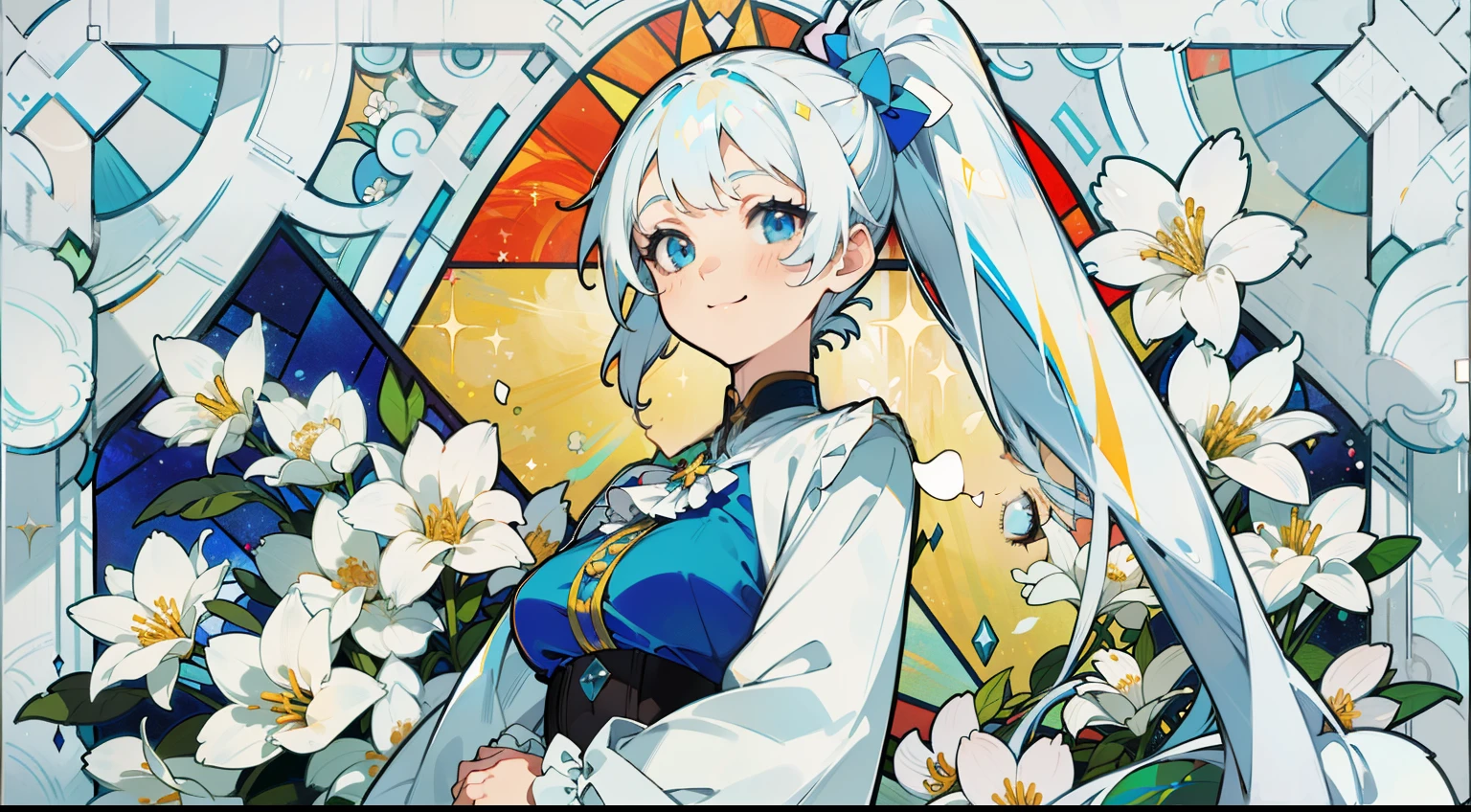 (Long sleeve blouse with ruffles), (Solo), adult woman (1), medium breasts, very long hair, Colorful stained glass on background, Classic, white flowers, sunlight shining through, ((Super long white hair)) ((High ponytail)), (Super smile), Dynamism, (Blue eyes), (kirakira) (Detail Objects)Close-up angle of the face
