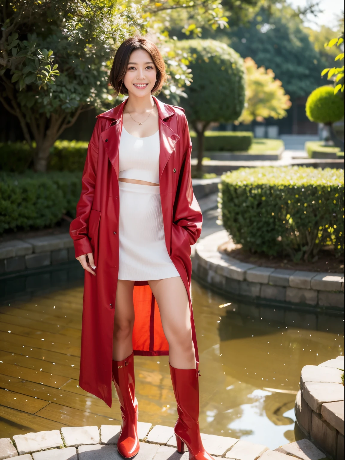 (RAW Photos:1.2), (Realistic:1.4),Beautiful detailed woman,非常にBeautiful Eyesと顔, Beautiful Eyes, Very detailed,High resolution, Very detailed,highest quality,Awareness-raising,Unified,8k wallpaper,masterpiece,highest quality,1 female,alone,rich,Whole Body Ezbian,（Standard body type）、（D cup breasts：1.1）,There&#39;Foot meat,Narrow waist,alone,（Red Raincoat、Red Rain Boots）,jewelry necklace short hair,A kind smile,A dignified atmosphere,black eye,Realistic,Suzhou Garden , (Morning Garden:1.1)、（Rainfall:1.5)