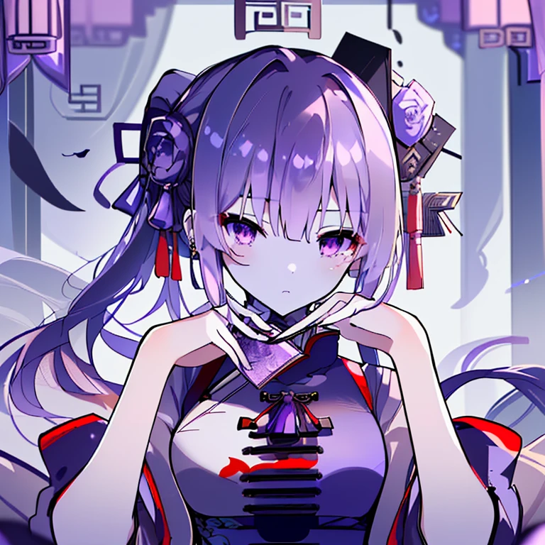 (High resolution,highest quality,Super detailed,wonderful,Attention to detail)girl,Cinema Lighting,Thin Hair,Long Hair,ponytail,Earrings,China dress,Butterflies fluttering,Holding a folding fan,rose,thought,Sharp Eyes,Purple Eyes,