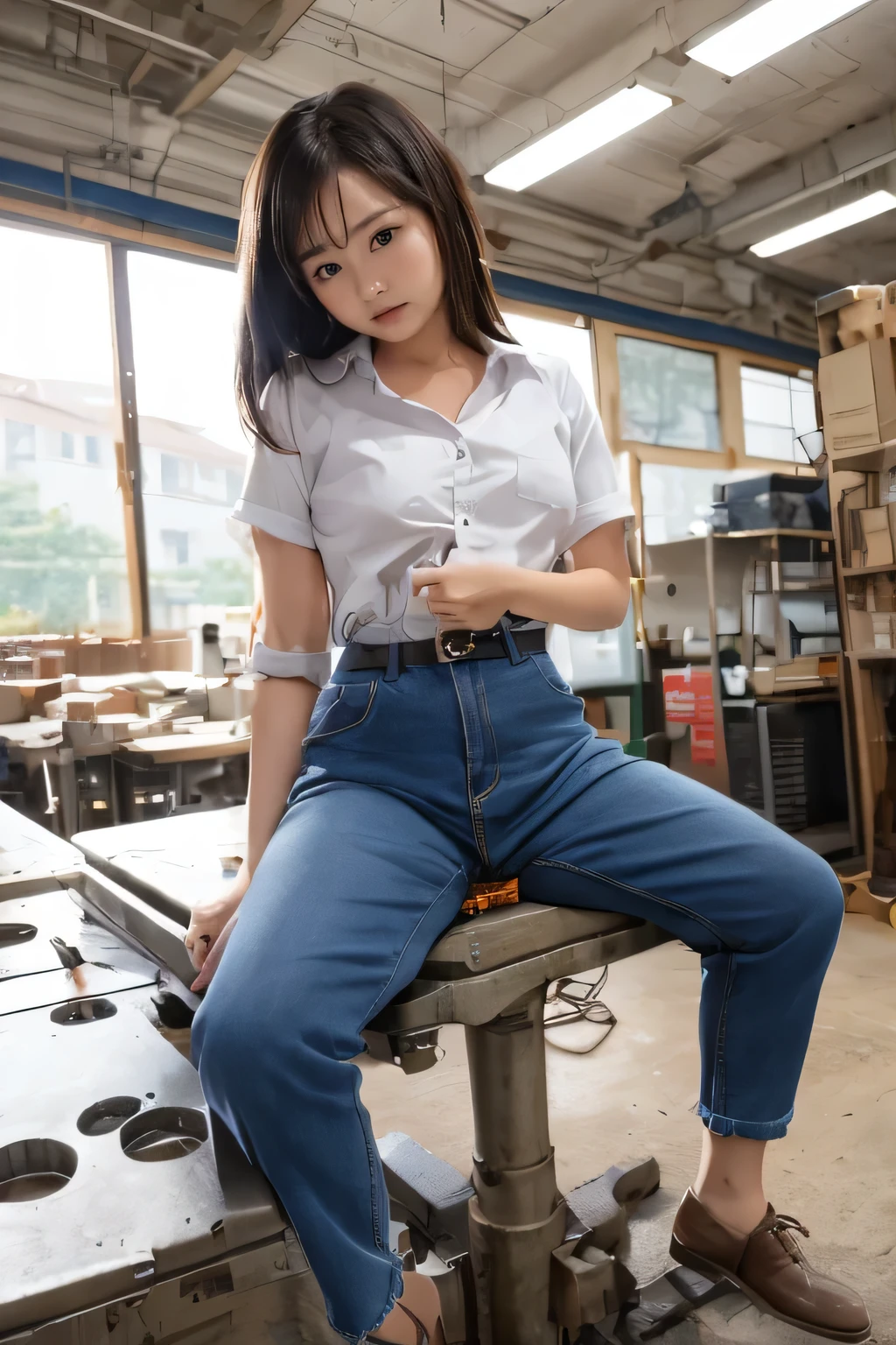 a women, (((round face))), factory clerk, wearing work clothes, straddling to hit her crotch on exposed pipe, open legs, raise leg, masturbation, ecstasy, in the factory, machines, ceiling, nameplate, id card