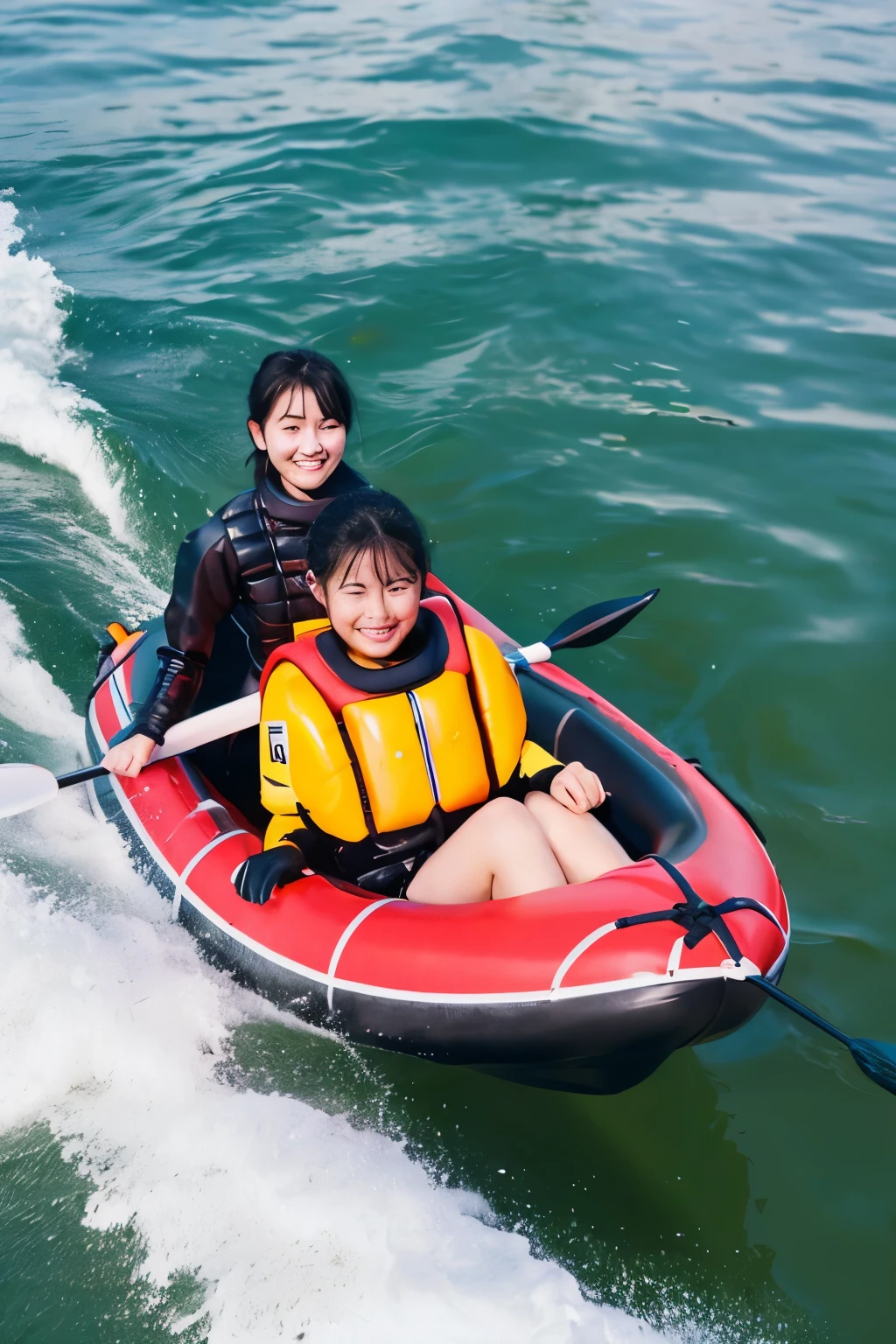 One girl,, masterpiece, highest quality, Landing in a rubber boat