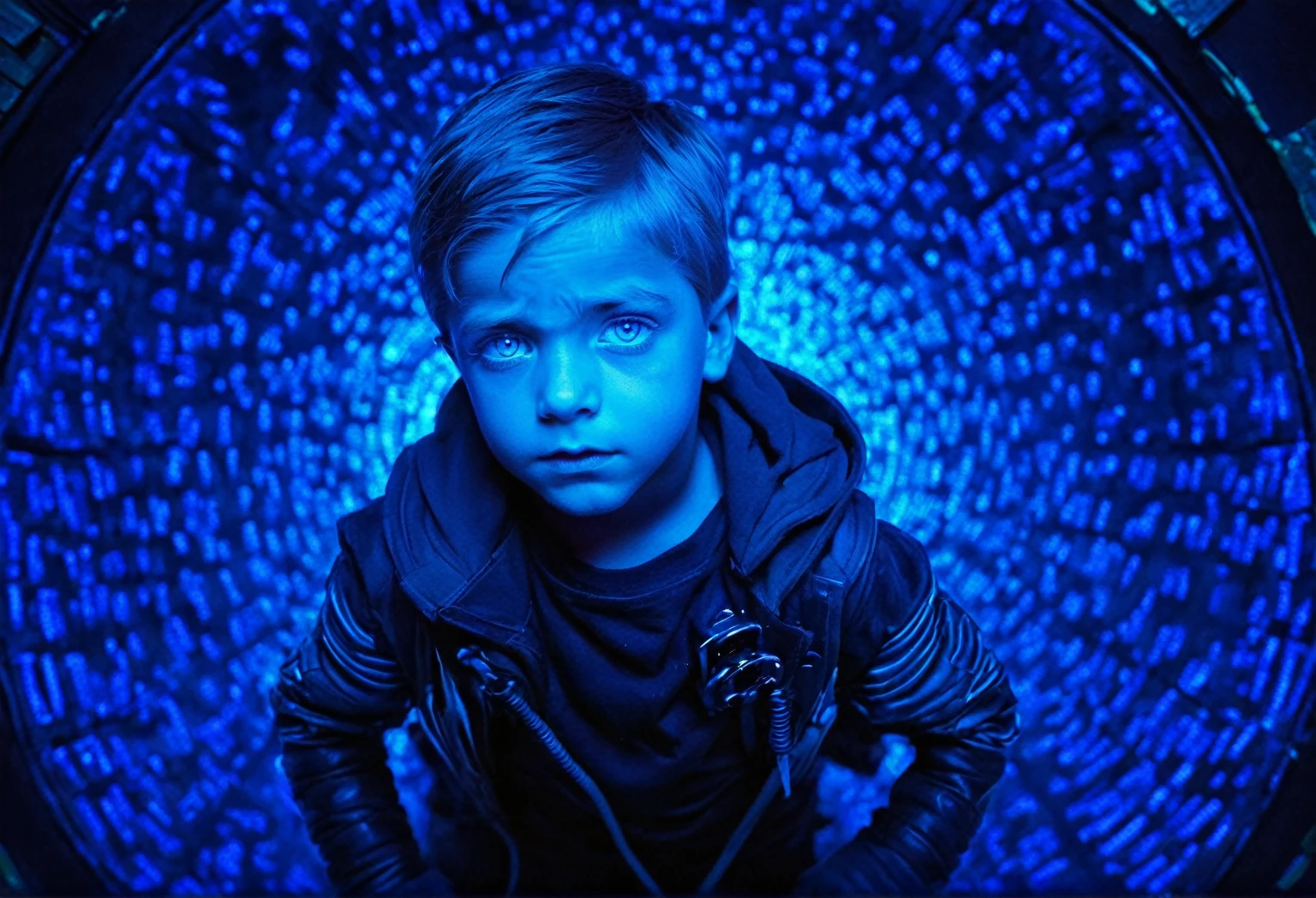 masterpiece, high quality, 1 boy, child, Solitary, Male focus, blue eyes, Black Light, from above, Cyberpunk  