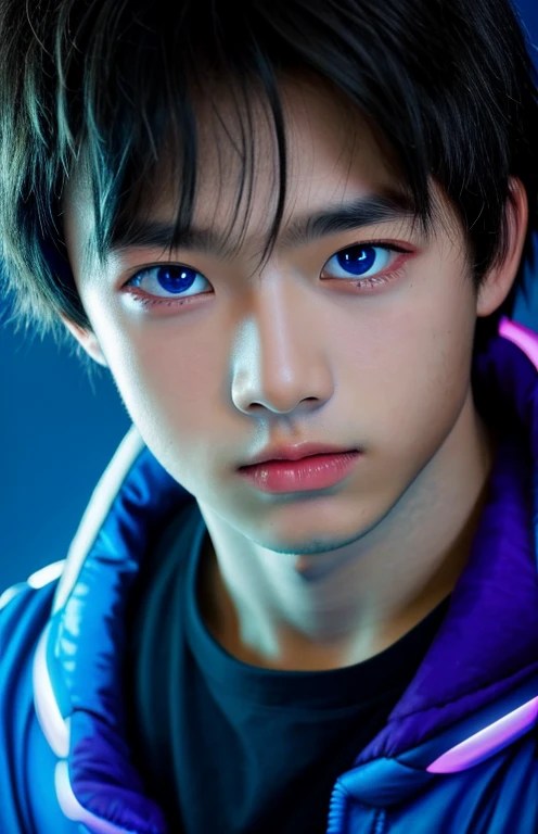 masterpiece, high quality, 1 boy, child, Solitary, Male focus, blue eyes, Black Light, from above, Cyberpunk  