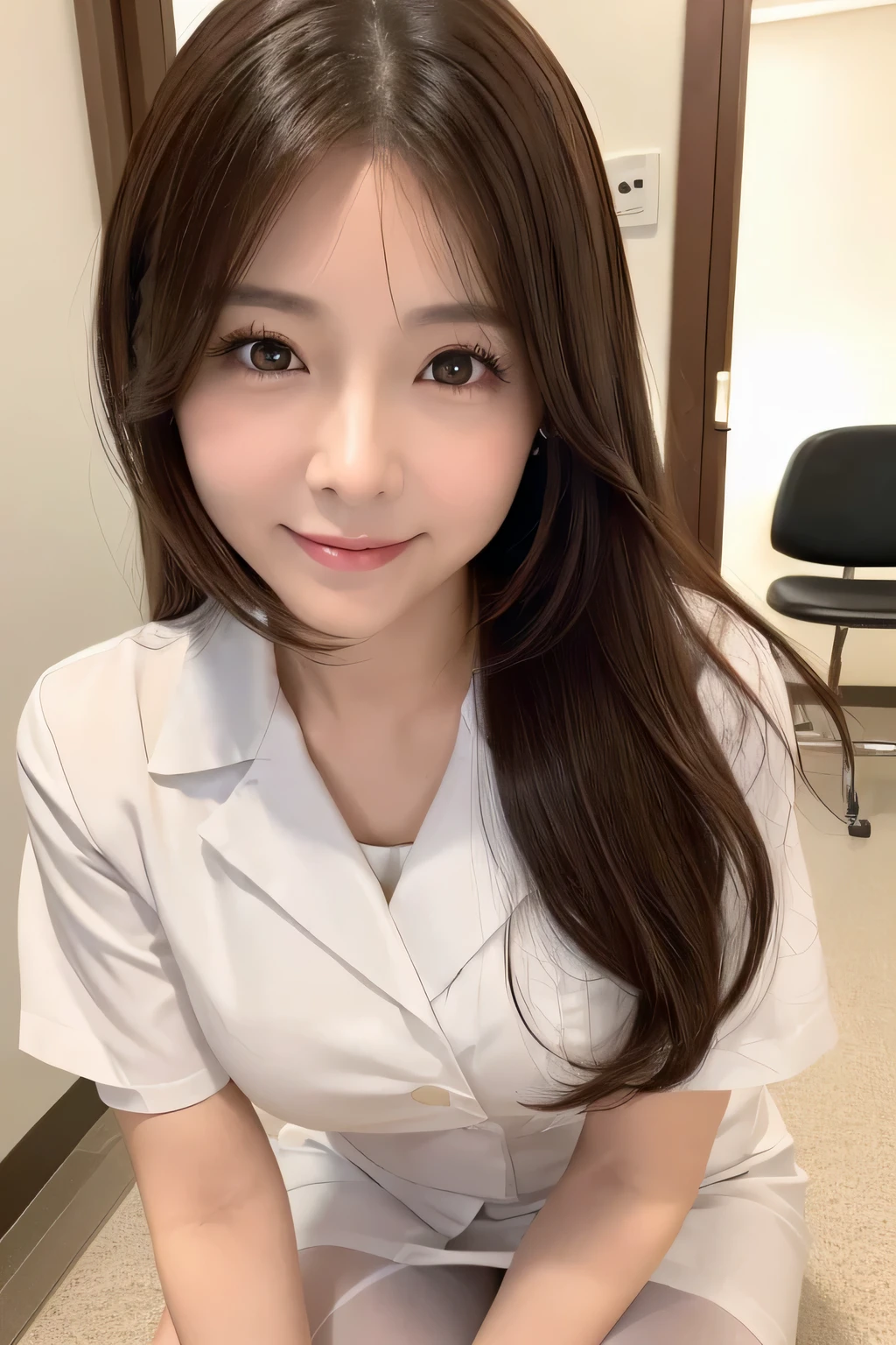 (１woman)、(Japanese、45years old、Refreshing、clear、seems kind、stylish、(narrow eyes)、Pitiful、cute like an angel、cute、black eyes、,actress,Slit eyes), Good style , (Beautiful big breasts:1.0),(soft breasts),(very cute),(brown hair),,( long hair、Straight Hair,one-length）,(enchanting eyes),(highlight on eyes:1.2)、(8K、Live shooting、highest quality、masterpiece:1.2、optimal lighting)、((masterpiece)),(Photo taken by a professional photographer),(real、photo real:1.4),break,{ (white nurse costume),(((taraditional nurse uniform))),(white nurse mini skirt),(( pantyhose)),(cleavage:0.7)},(Smile1.0),(cheeks are red:1.2)、Face close-up:1.3,Looking at viewer, break, break,Hospital 、corridor