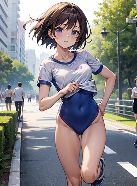 Small breasts、Beautiful and attractive anime woman, Enchanting anime girl, Top rated on pixiv、Short Bob、spats、Exercise clothes、Athletics、Doing a relay、running