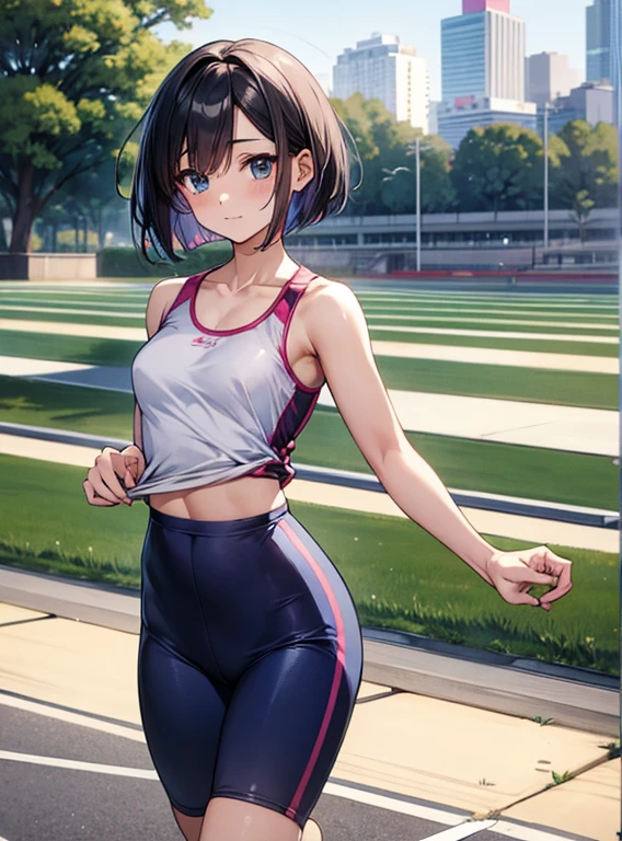Small breasts、Beautiful and attractive anime woman, Enchanting anime girl, Top rated on pixiv、Short Bob、spats、Exercise clothes、Athletics、Doing a relay、running