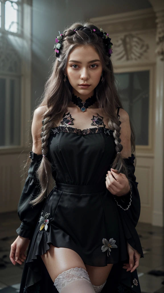 (Masterpiece, Best Quality: 1.4), Detailed Background, Crystal, Crystal Cluster, Long Hair, Jewelry, Earrings, Necklace, Crown, Bride, Hair, Halo, (Overlook), Dynamic Angle, Ultra Detailed, Illustration, Close Up, Direct Look, 1girl, (Fantasy: 1.4), (detailed Eyes: 1.233), Her Eyes Shine Like Dreamy Stars, (Glow Eyes: 1.233), (Beautiful and Delicate Eyes: 1.1), (Silver Hair: 1.14), (Messy Hair, Very Long Hair, (perfect details fingers),French braids, hair between the eyes, side hair), (hair flower: 1.14)), (chiffon dress, uniform black flower pattern)/= (military uniform: 1.24), (split sleeves, wide sleeves), (fingerless gloves), choker, (miko thighhighs), high heeled boots, (expressionless, shut up), (standing), (classical princess boudoir with dresser floor-to-ceiling windows ancient palace), (black flowers, blooming), (deep sea), (flowing water), (dark black world tree:1.14),(Ruins),(Night:1.2),dreamy,Soul,(fluorescent),(Flying Translucent black Butterfly:1.15),[Delicate Fingers and Hands:0.55]::0.85], (Finger Detail), (Yubao:0.5)