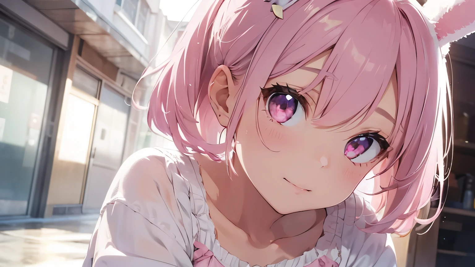 highest quality, pretty girl, pastel colour, Fluffy bunny ears, pink short bob,Pale pink eyes,White soft blouse