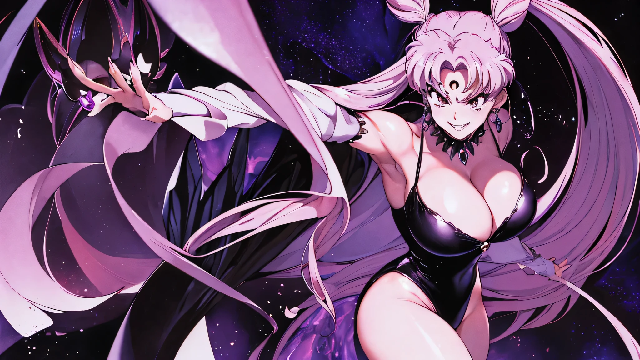 ((masterpiece,best quality)), absurdres,
Black_Lady_Sailor_Moon,
solo, smiling, looking at viewer, cowboy shot,
cinematic composition, dynamic pose,very evil smile,very evil smirk,(masterpiece:1.0),(Highest_quality:1.0), 超High resolution,4k,Super detailed, photo shoot, 8K, HDR, High resolution,EPTakeuchiNaokoStyle, 1990s \(style\), anime screencap, retro artstyle, anime coloring, traditional media,face focus,dark aura,black darkness,black mist,black mog,latex,huge amethyst crystal,offical art,
