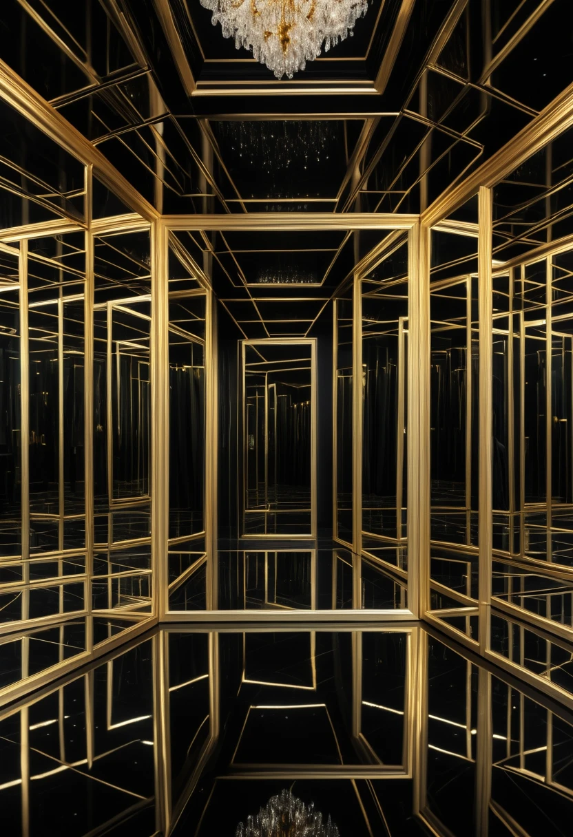 A large room surrounded by black mirrors with a gold frame. Efecto acuoso. Photography. 4khd. magical. Fantasy effect.