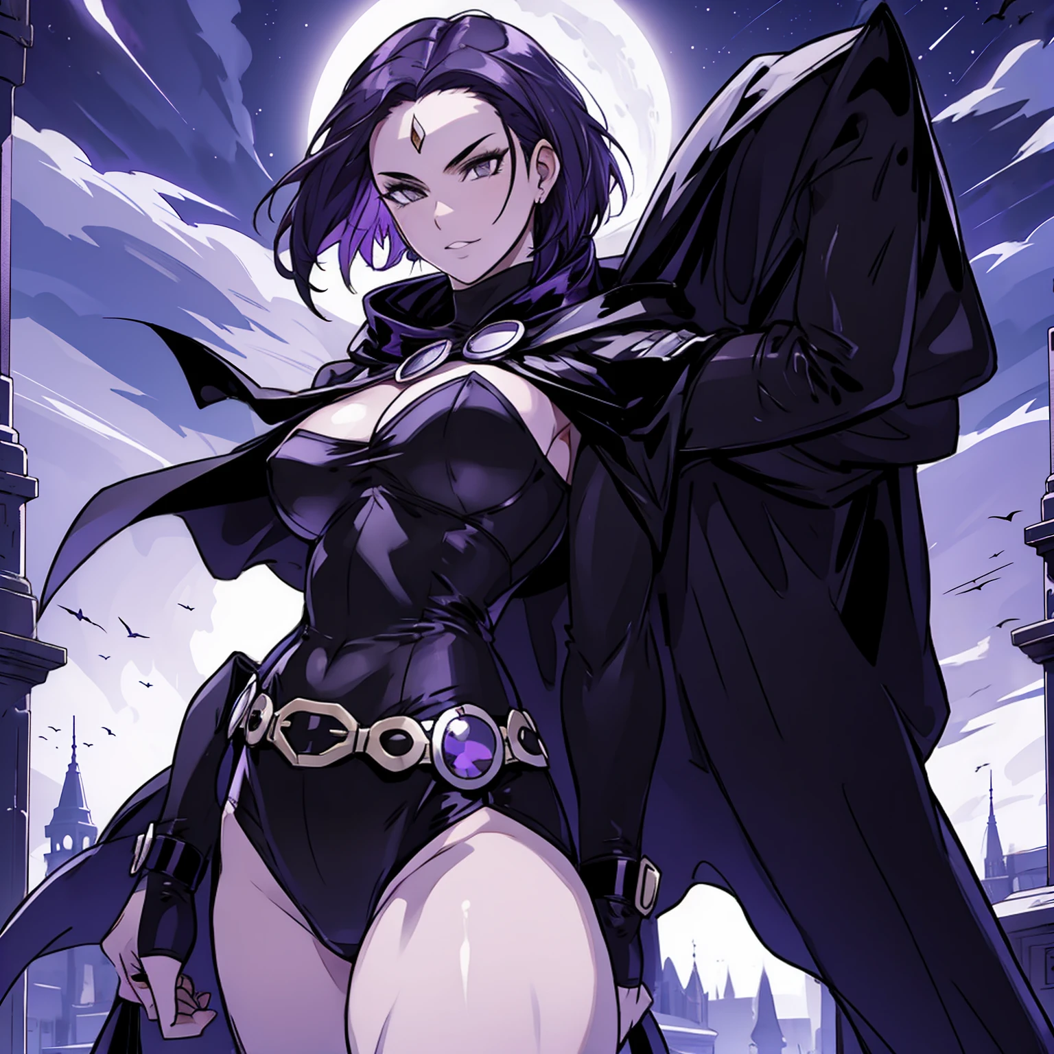 Raven, black leotard, black cape, hood, purple hair, forehead jewel, purple eyes, short hair, belt, skin tight, standing, , toned, breasts,night, moonlight, ((posing)), motion lines, torso, upper body, portrait, b&w. outline, ((1girl)), (solo).