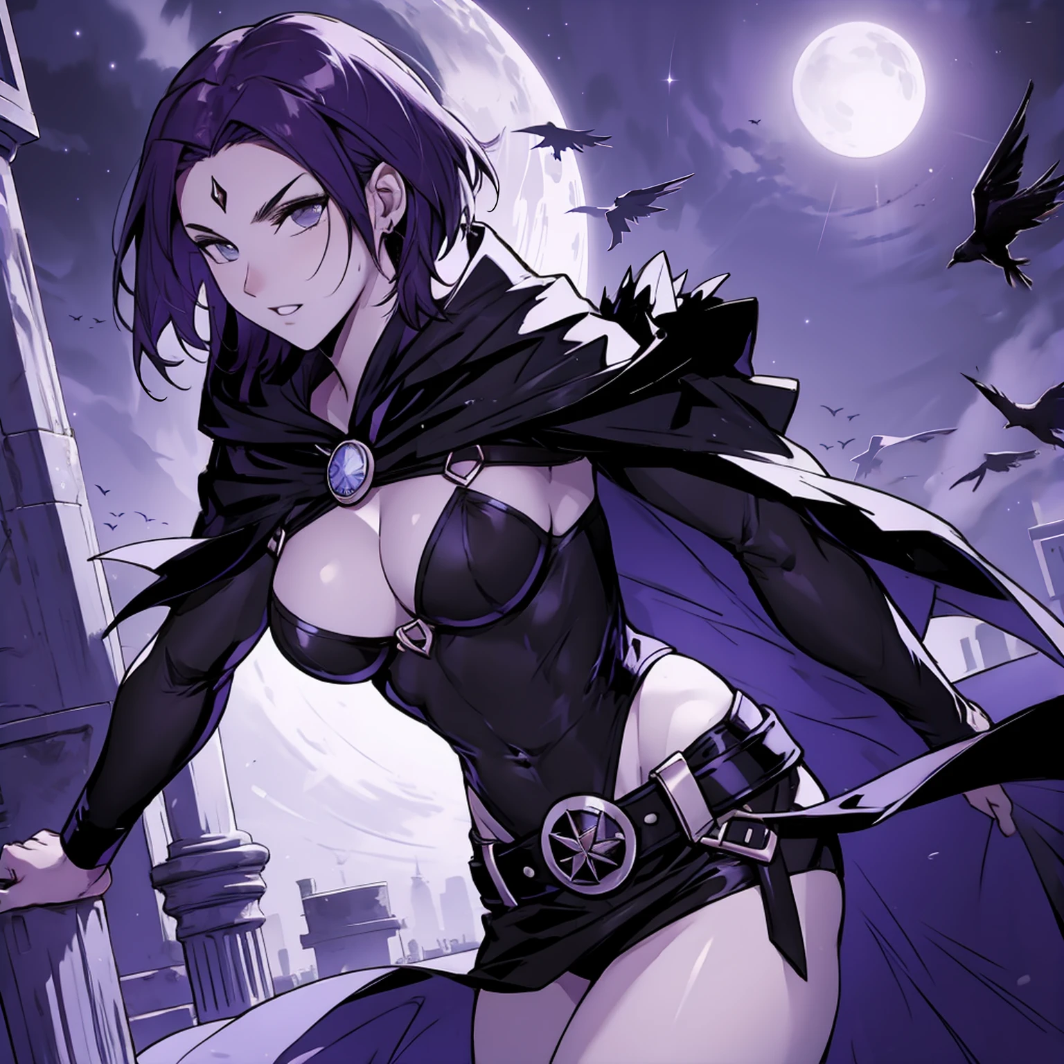 Raven, black leotard, black cape, hood, purple hair, forehead jewel, purple eyes, short hair, belt, skin tight, standing, cleavage, toned, breasts, pose, night, moonlight, ((posing)), motion lines, torso, upper body, portrait, b&w. outline, ((1girl)), (solo).